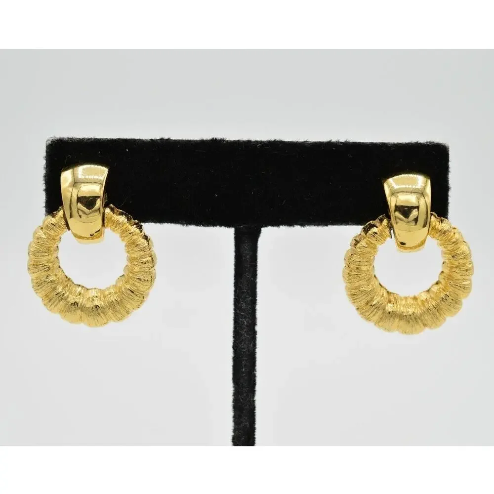 Vintage Clip On Earrings Gold Tone Door Knockers Dangle Bold 80s NOS 1980s 9L